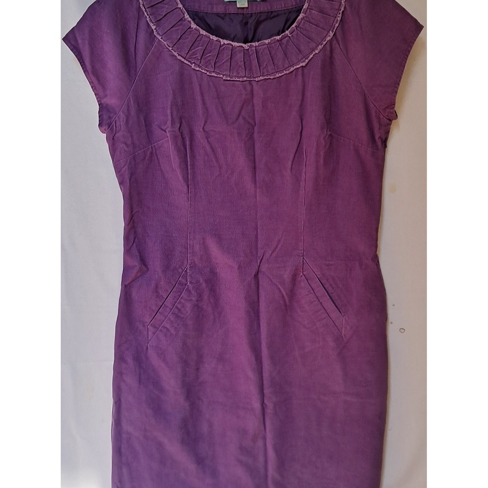 Boden Purple Corduroy Pleated Neck Shift Dress Pockets US 10L UK 14L Plum